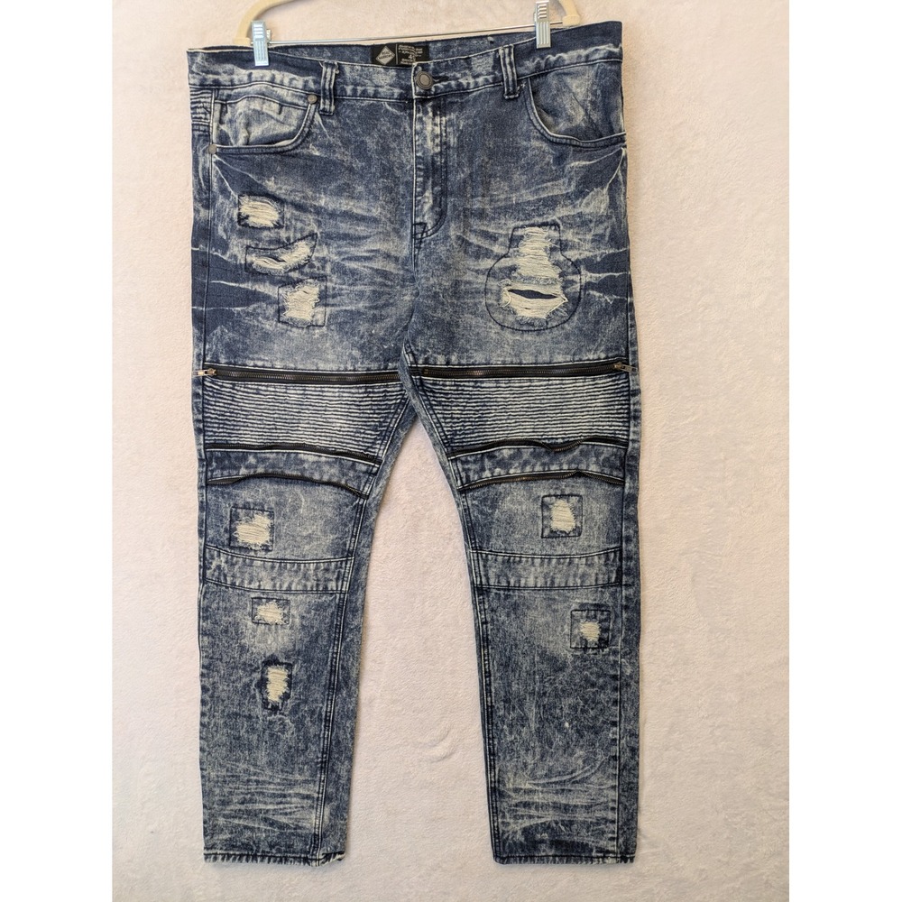 Road Narrows Mens 40 Acid Wash‎ Moto Biker Jeans Distressed Blue Zipper Detail
